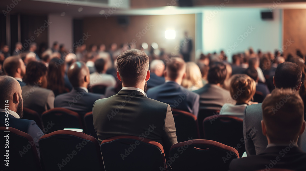 Rear view of people in audience at a business event in a conference hall