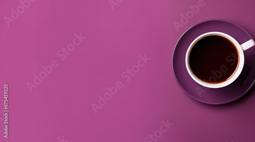 minimalist purple background with a Tea cup, cappuccino, coffee , top view with empty copy space