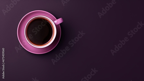 minimalist purple background with a Tea cup, cappuccino, coffee , top view with empty copy space