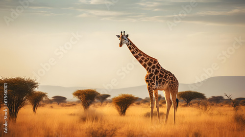 Majestic Giraffe in Vast African Savannah  Generative AI