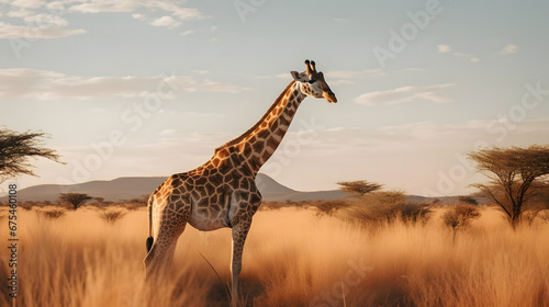 Majestic Giraffe in Vast African Savannah, Generative AI