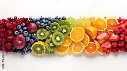 A colorful, imaginative arrangement of fruits, sorted by hues, is displayed on a blank canvas.