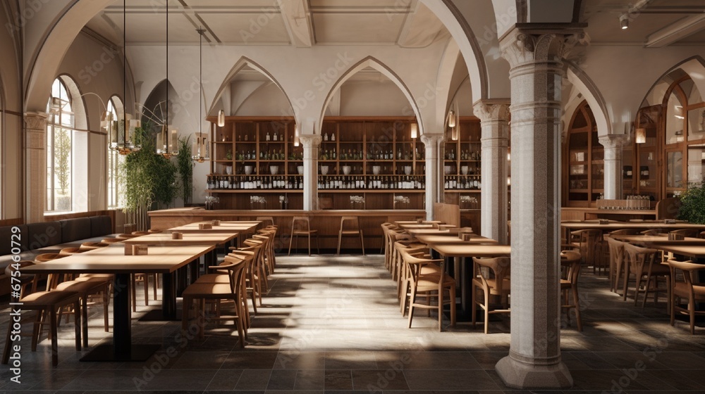 A cafeteria with a monastic inspiration, featuring long wooden communal tables, stone floors, and arched ceiling details.