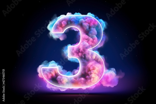 Vibrant Fantasy: A 3D Render of Neon Number Three with Linear Neon 'Three,' Set against a Colorful Cloud in a Surreal Abstract Landscape © Martin