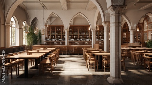 A cafeteria with a monastic inspiration  featuring long wooden communal tables  stone floors  and arched ceiling details.