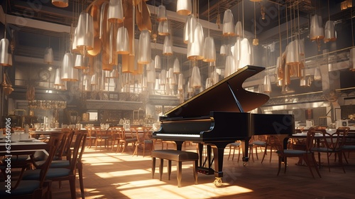 A classical music-themed cafeteria with grand pianos as tables and violins hanging from the ceiling. photo