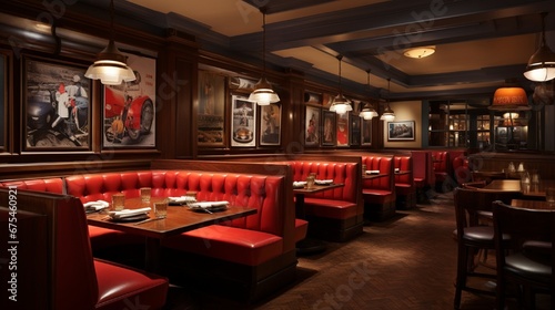 A classic American steakhouse-style cafeteria with leather booths, a salad bar cart, and vintage sports memorabilia on the walls.