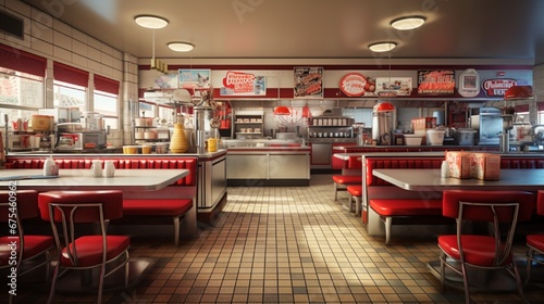 A classic cafeteria setup with red checkered tablecloths  nostalgic posters on the walls  and a serving line with stainless steel counters.