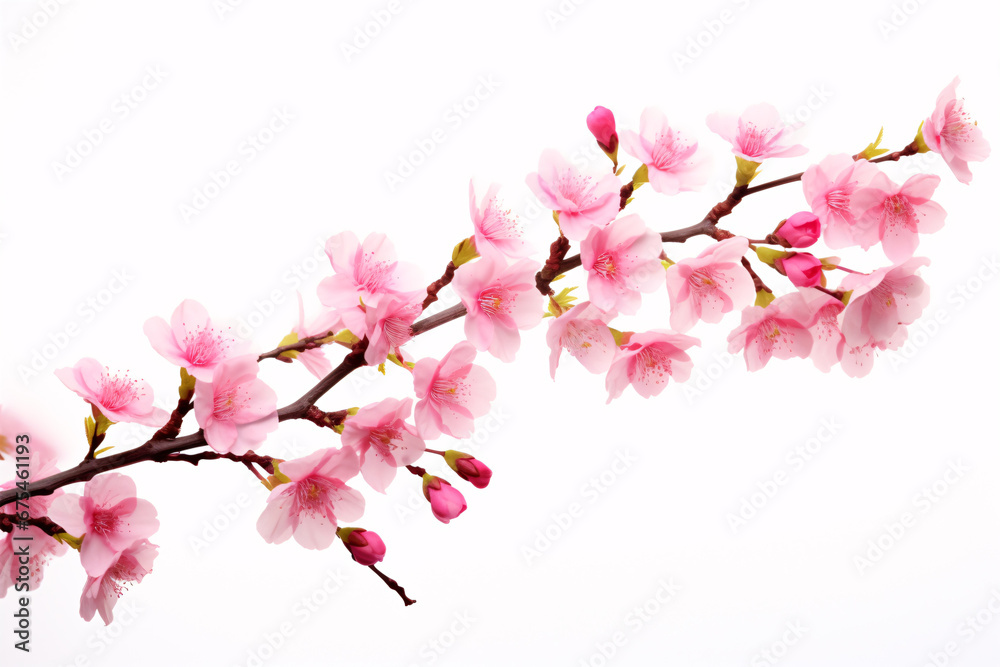 A serene pink Sakura tree branch isolated against a white backdrop.