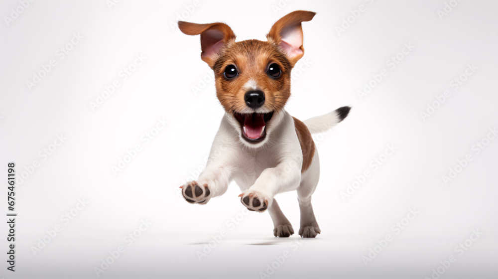 An isolated Jack Russell Terrier pup jumps adorably on a white backdrop.