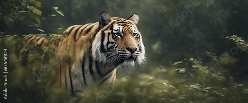 A Bengal tiger blending seamlessly with the dense undergrowth in the forest
