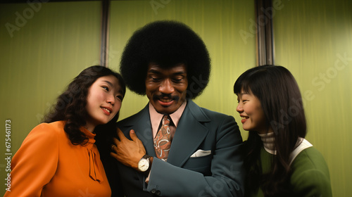 African American man with large afro in 1970s with two Chinese women in an office