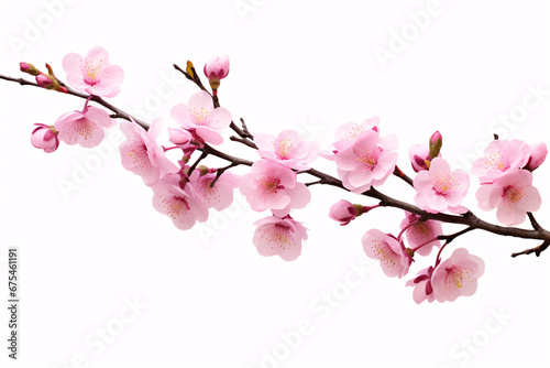 A silvery Sakura branch with pink blossoms isolated on a pallid backdrop. © ckybe