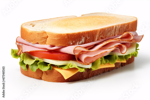 A sandwich of ham, cheese, and vegetables isolated against a white backdrop.