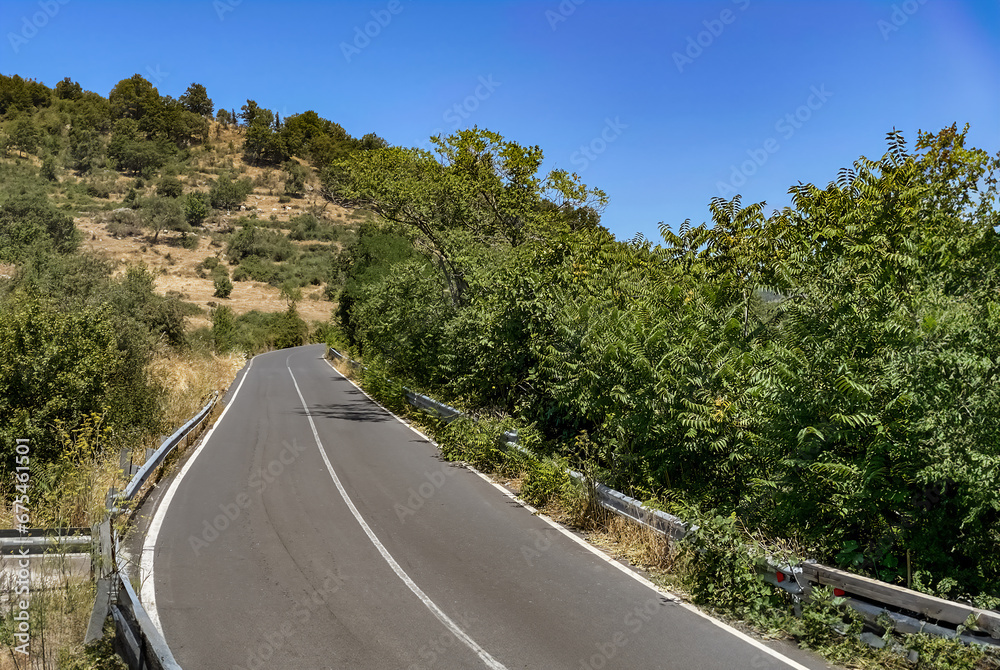 Rural road winding through lush greenery under a clear blue sky