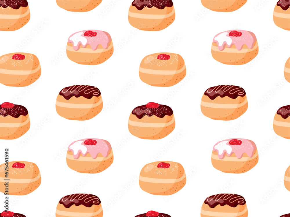 Seamless pattern with yummy donuts. Repeated vector For wallpaper, wrapping, textile, scrapbooking. Colorful donut seamless pattern background. Chocolate, pink glazed doughnuts. Hanukkah print Seamless pattern with yummy donuts. Repeated vector For wallpaper, wrapping, textile, scrapbooking. Colorful donut seamless pattern background. Chocolate, pink glazed doughnuts. Hanukkah print