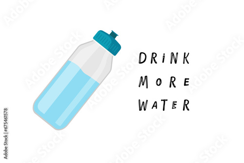 Drink more water hand written lettering with Sports water bottle. Pure drinking water in bottle. Drink containers. Bottle of water icon in flat style vector illustration isolated on white background.