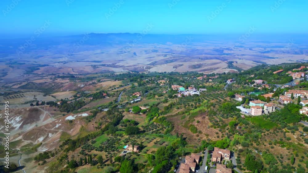 Breathtaking aerial top view flight drone Volterra Historic medieval Town Italy Breathtaking aerial top view flight drone Volterra Historic medieval Town Italy