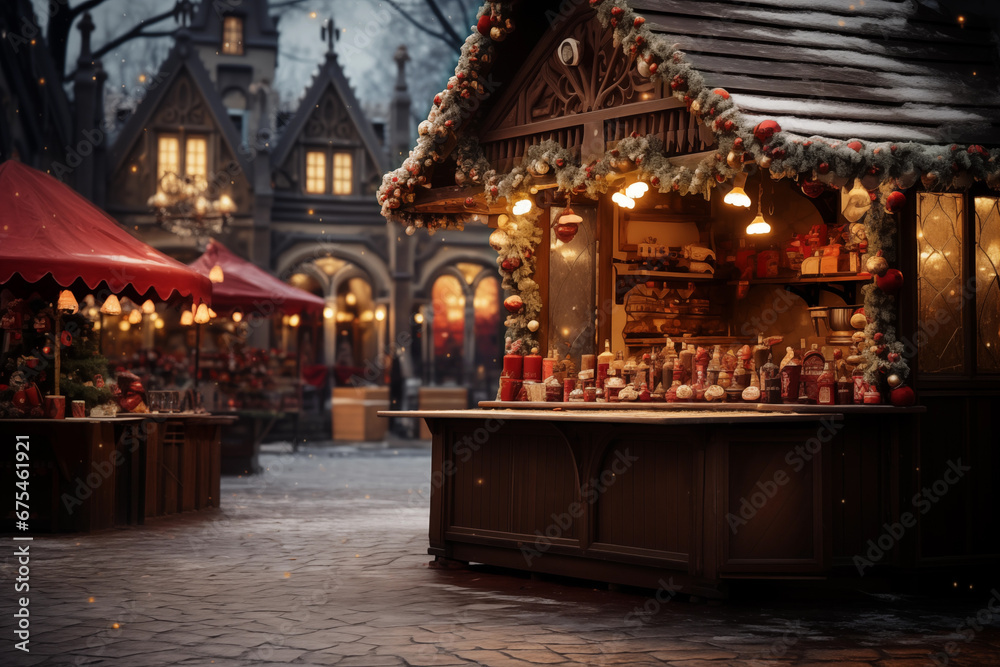christmas market with cute decorated stalls illuminated with festive lights on evening winter street. cozy atmosphere