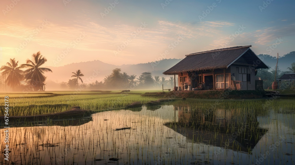 Rice field morning with a hut Rice field morning with a hut