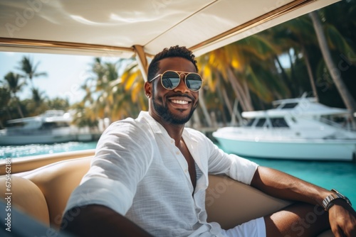 happy modern african american man against the background of a yacht and tropical palm trees