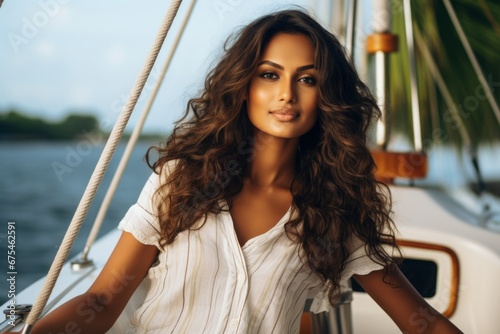 happy modern indian woman against the background of a yacht and tropical palm trees