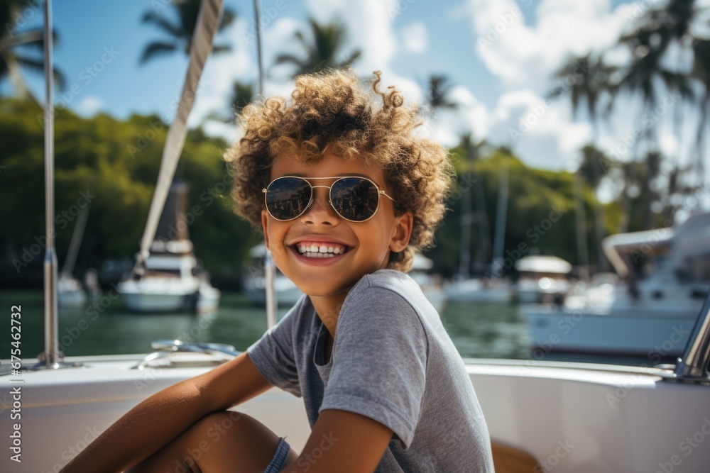 happy modern african american child boy against the background of a yacht and tropical palm trees happy modern african american child boy against the background of a yacht and tropical palm trees