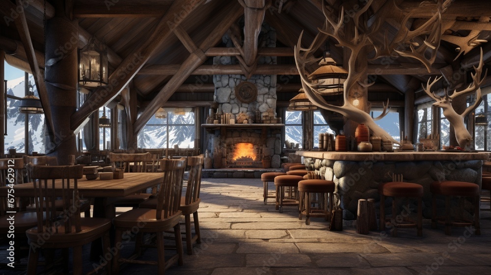 A mountain lodge-themed cafeteria with stone hearth, log furniture, and antler light fixtures, evoking an alpine atmosphere.