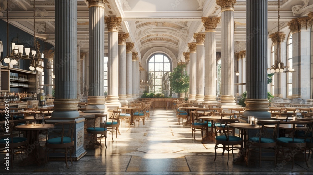 A Neoclassical-themed cafeteria with columns, friezes, and sculptures reminiscent of ancient Rome and Greece.