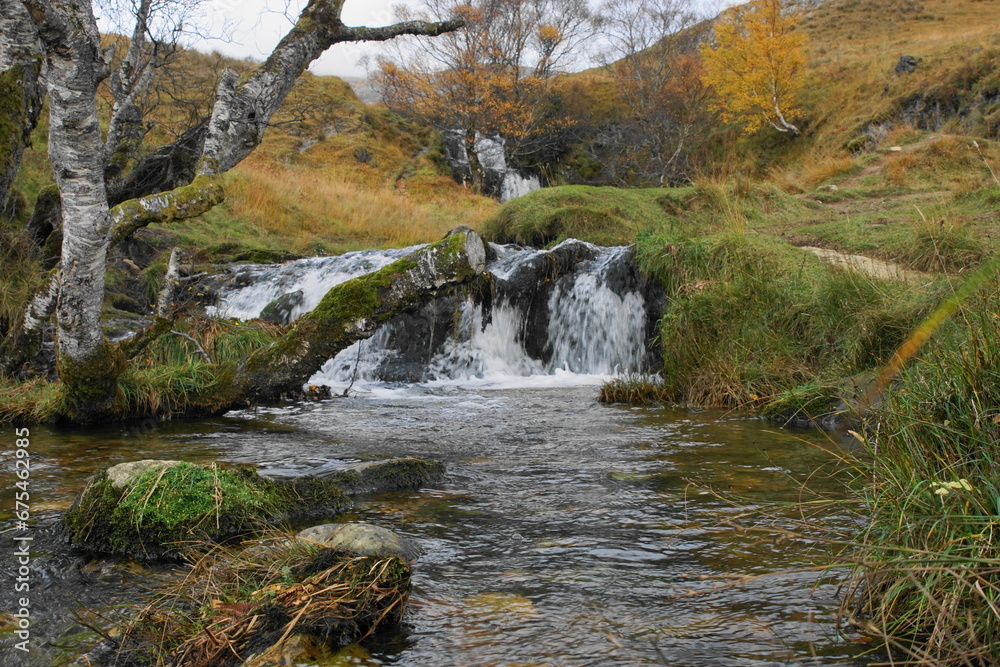 Eadar A' Chalda Waterfall on Allt a' Chalda Beag near the Ruin of 16th Century Ardvreck Castle, Loch Assynt, Sutherland, Scotland, UK Eadar A' Chalda Waterfall on Allt a' Chalda Beag near the Ruin of 16th Century Ardvreck Castle, Loch Assynt, Sutherland, Scotland, UK