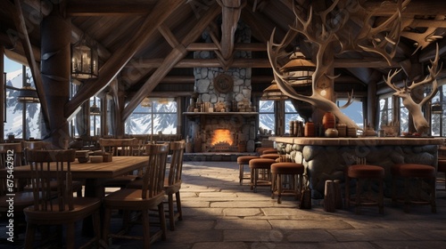 A mountain lodge-themed cafeteria with stone hearth, log furniture, and antler light fixtures, evoking an alpine atmosphere.
