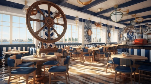 A nautical-themed cafeteria with ship wheel decor, navy and white striped upholstery, and porthole windows.