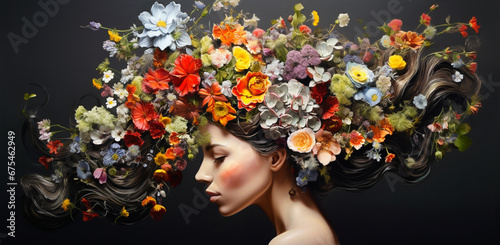 Beautiful romantic young woman in a wreath of flowers. Inspiration of spring and summer. Perfume, Cosmetics and Skin and Hair Care concept.
