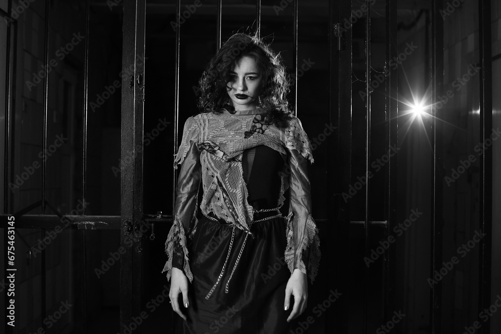 Brunette girl in Halloween style. A woman in prison, a scary scene. Terrible darkness, torn clothes on the girl. Hostage in a cage, depression, suffering, crime. Black Carnival, in the basement.
