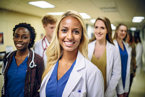Smiling female doctor standing with medical colleagues in a hospital photo