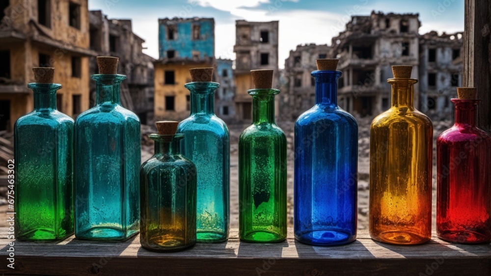 4K Generative AI Image: Multicolored Bottles on an Old City Wall with a Vintage Background 4K Generative AI Image: Multicolored Bottles on an Old City Wall with a Vintage Background