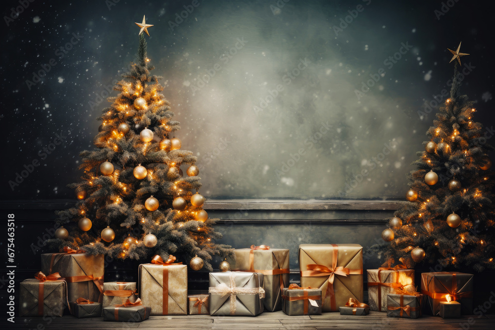 Christmas background with Christmas tree, gifts against a wall