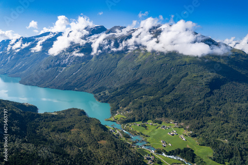 Aerial view above the mountains  fjords and lakes of Norway during summer 