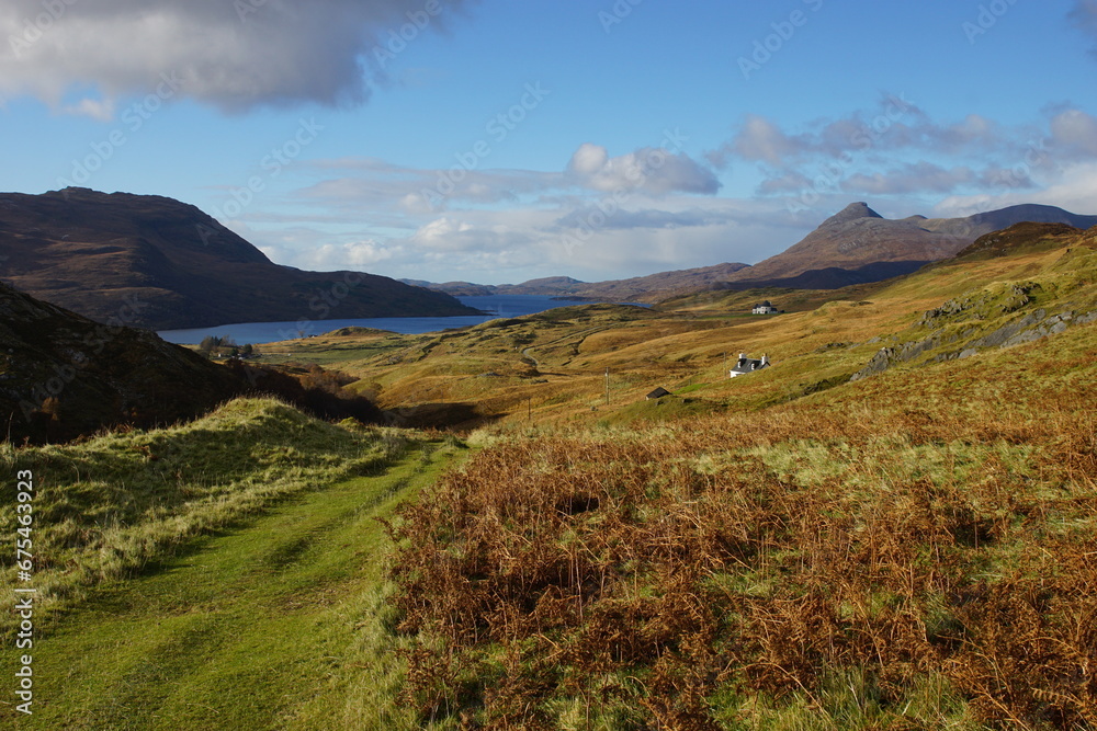 Inchnadamph House on the Inchnadamph Estate, Loch Assynt, Sutherland, North West Scotland, UK with Glas Bheinn (776m) behind. Inchnadamph House on the Inchnadamph Estate, Loch Assynt, Sutherland, North West Scotland, UK with Glas Bheinn (776m) behind.