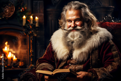 Santa Claus reading children's letters while resting in an armchair in his house