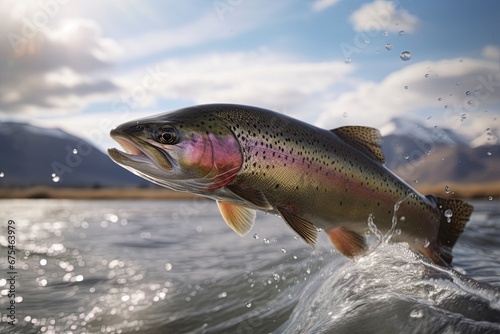 Rainbow trout jumping out of water in Alaskan river. Ai Generative