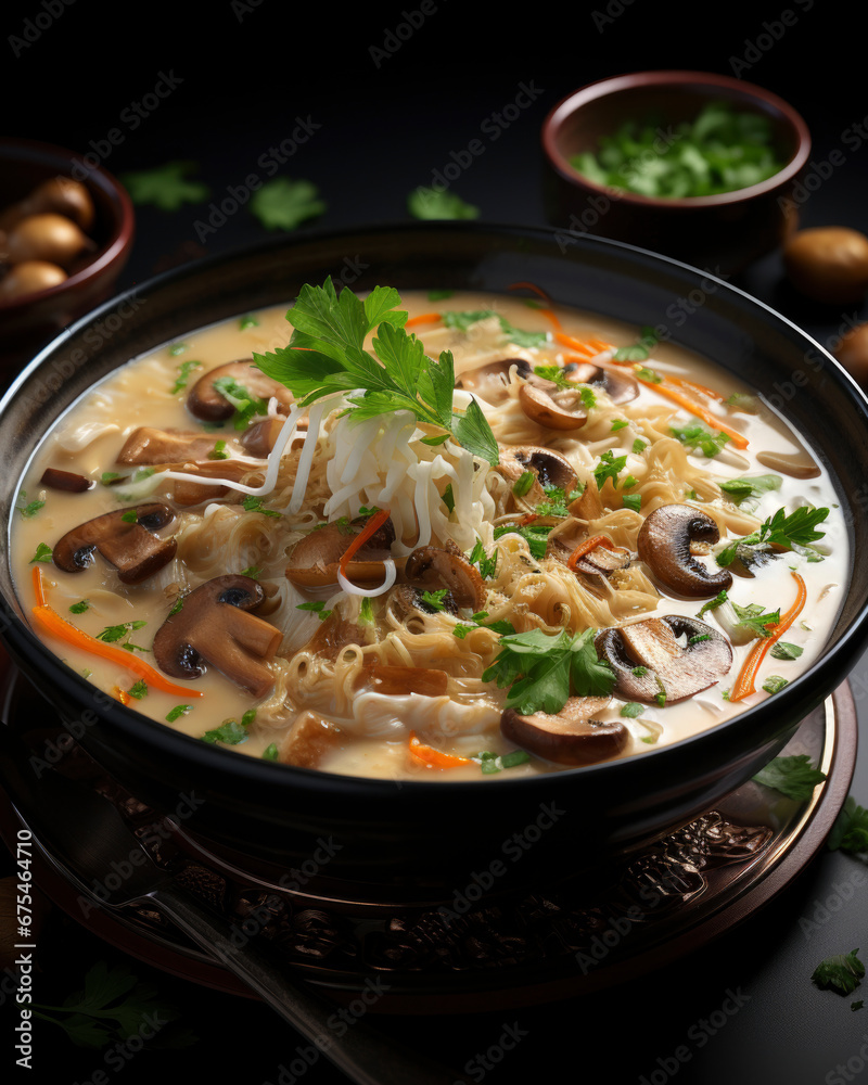 soup with mushrooms on dark background. alternative proteins, environmental friendly, sustainable, vegan concept.