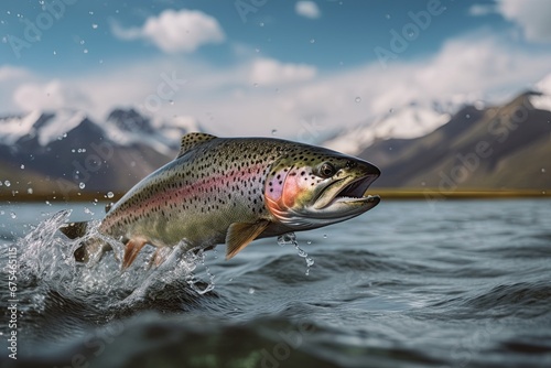 Rainbow trout jumping out of water in Alaskan river. Ai Generative