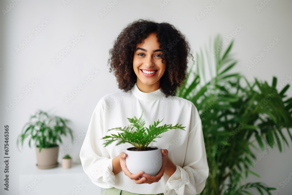 Woman taking care about houseplant and holding pot of houseplant. Home gardening, Plant care Woman taking care about houseplant and holding pot of houseplant. Home gardening, Plant care