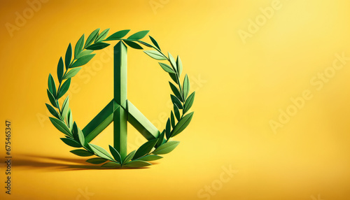 Green peace symbol isolated on yellow background. Wreath made from olive branches.  photo