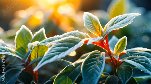 Radiant glow of morning sun kissing frost-bitten tropical leaves, a dance of light and texture,