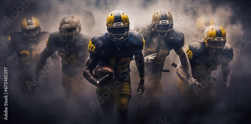 American Football Championship. Professional Players, Aggressive Face-off, Ready for Pushing, Tackling. Competition Full of Brutal Energy and Power. Stadium Shot with Dramatic Light