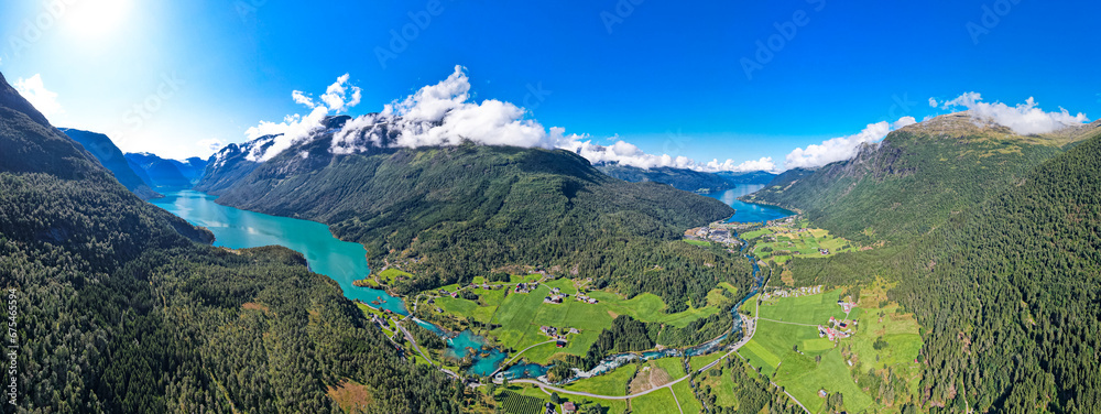 Aerial view above the mountains, fjords and lakes of Norway during summer 