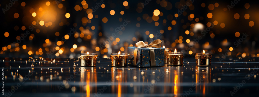 Christmas Gifts. Magical Christmas: Gift Box with Golden Bokeh on a Midnight Blue Background. Christmas gift box on bright bokeh background.