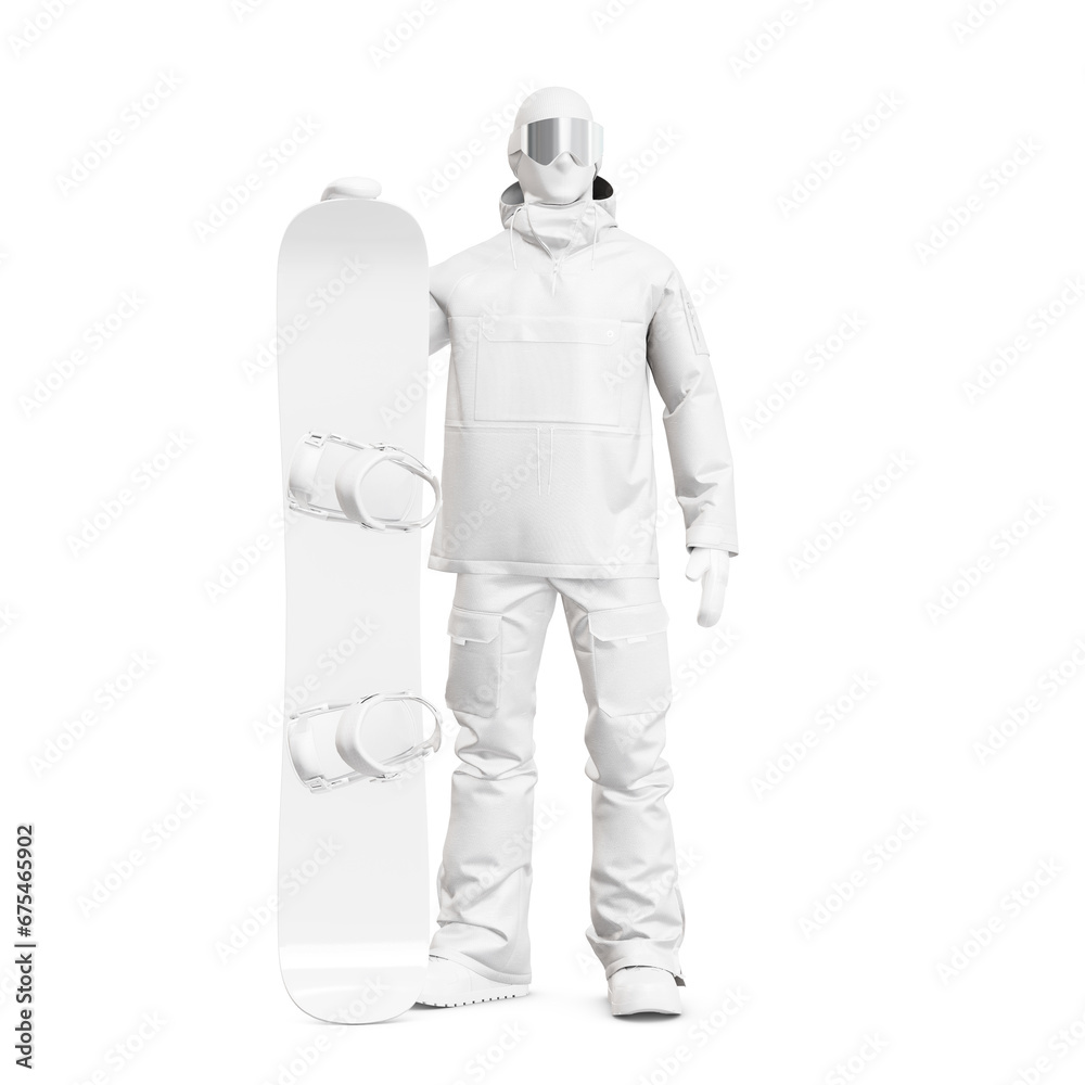 a mannequin with a snowboarder full uniform and a snowboard isolated on a white background a mannequin with a snowboarder full uniform and a snowboard isolated on a white background